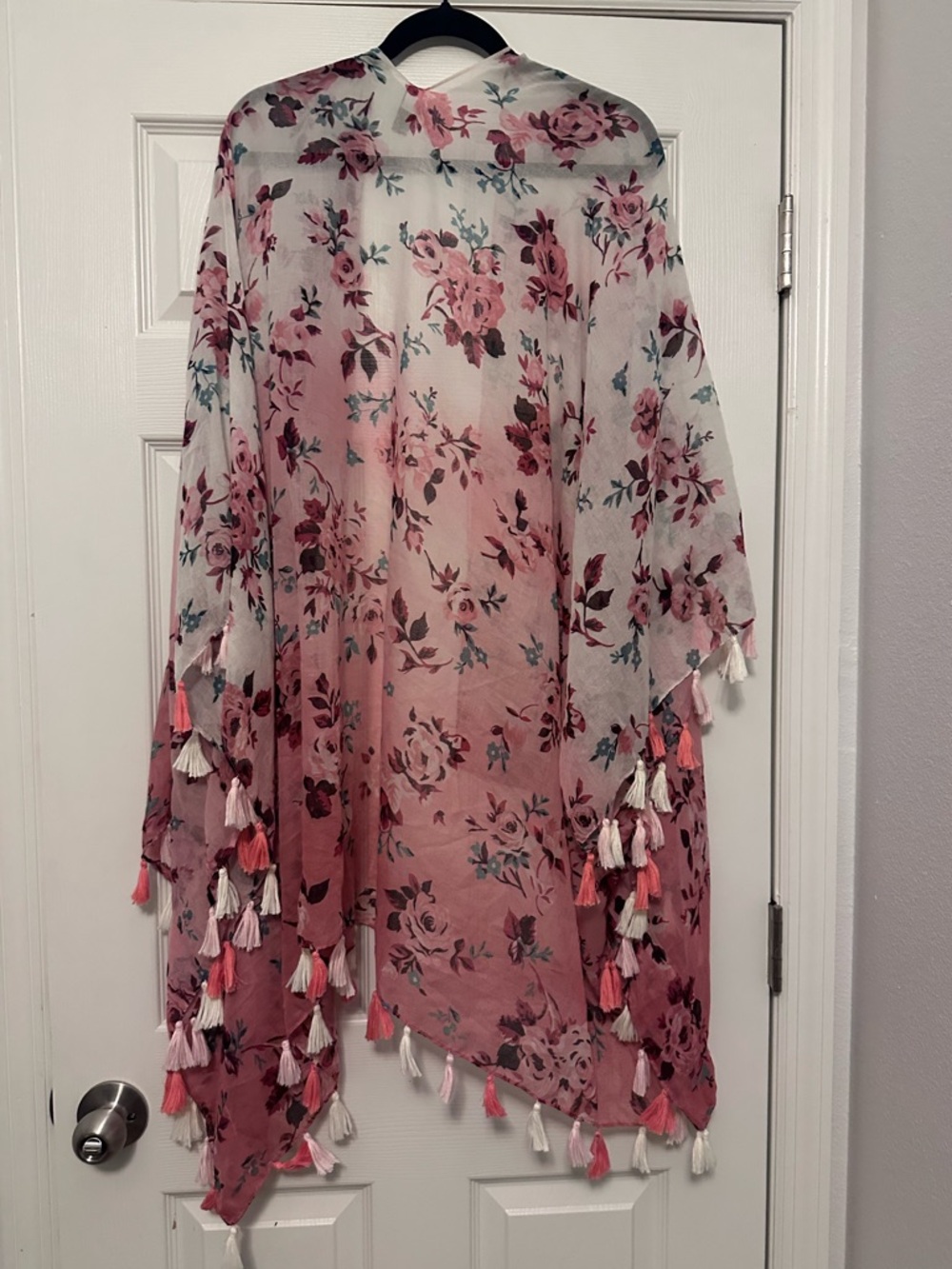 Lane Bryant Floral Sheer Pink and White Kimono with Tassels - Picture 2 of 5